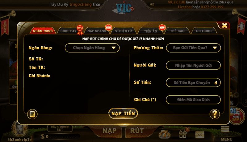Hướng Dẫn Nạp Tiền Vic Club Cực Dễ Cho Tân Thủ 3 Nạp tiền qua tài khoản ngân hàng - Vic Club