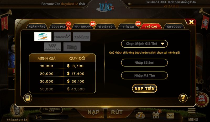 Hướng Dẫn Nạp Tiền Vic Club Cực Dễ Cho Tân Thủ 5 Nạp tiền vicclub qua thẻ cào